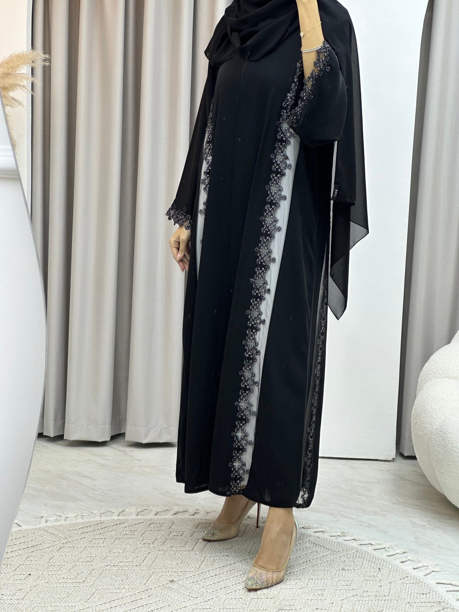 C White Floral Lace Black Abaya Set