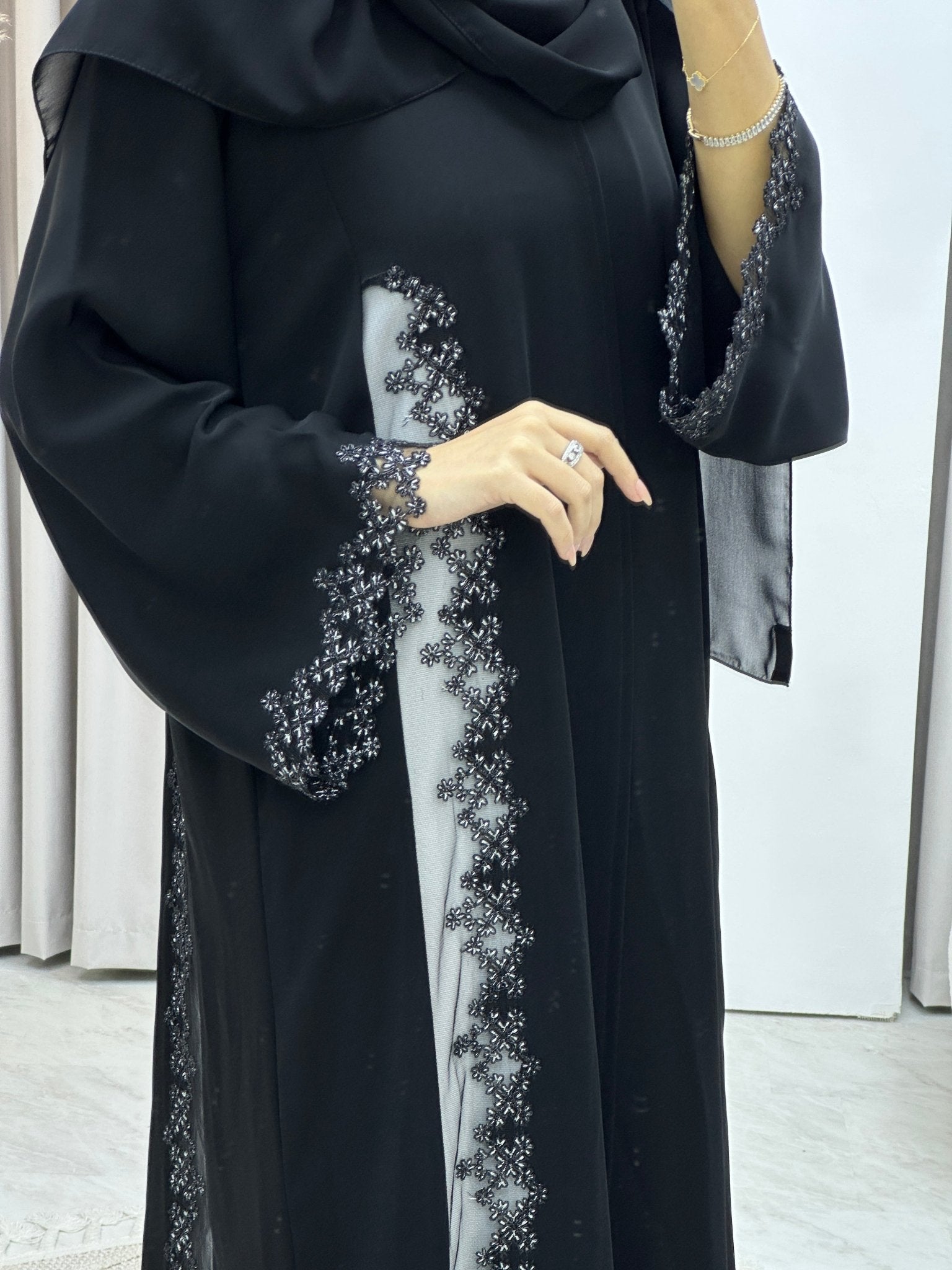 C White Floral Lace Black Abaya Set