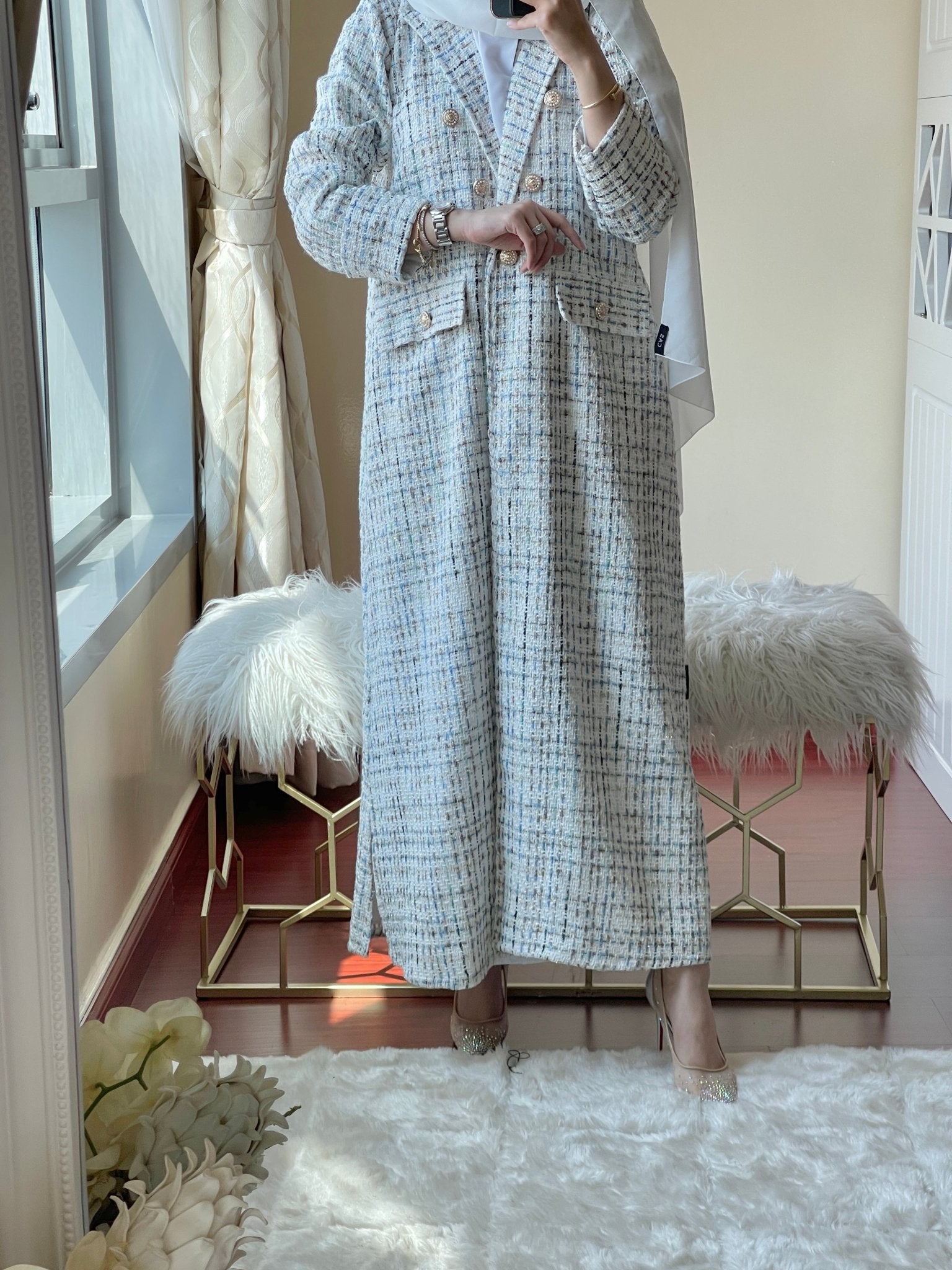C - White - LightBlue - Tweed - Abaya - Set - 2023