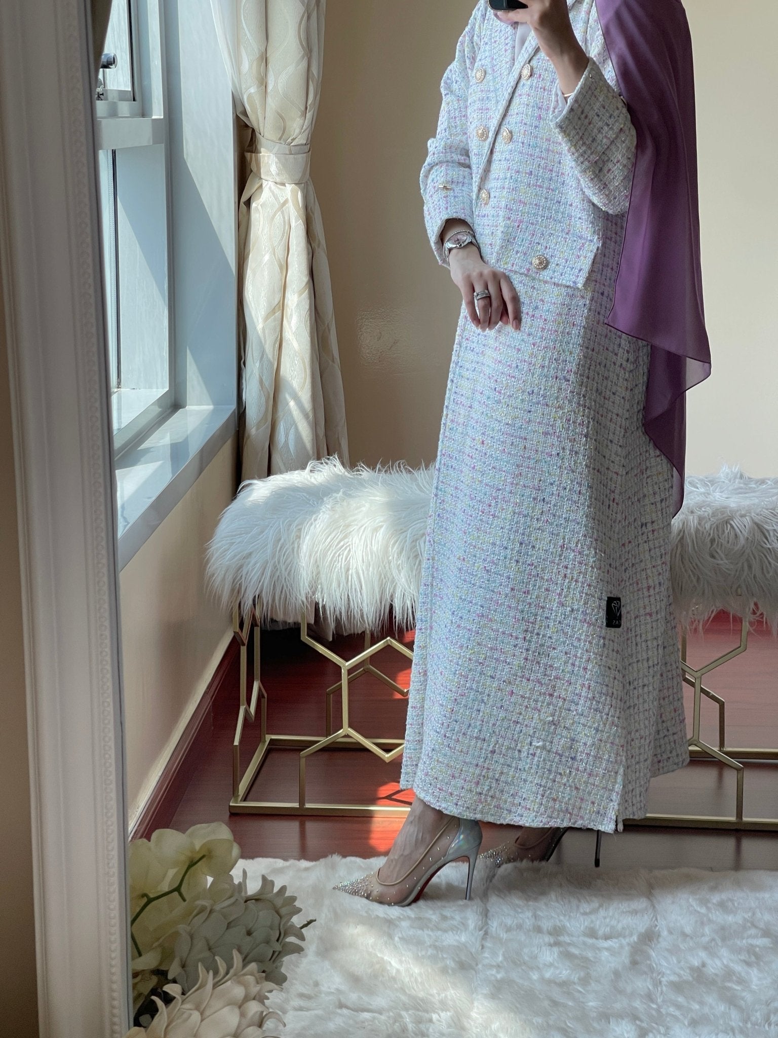 C - White - Pastels - Tweed - Abaya - Set - 2023