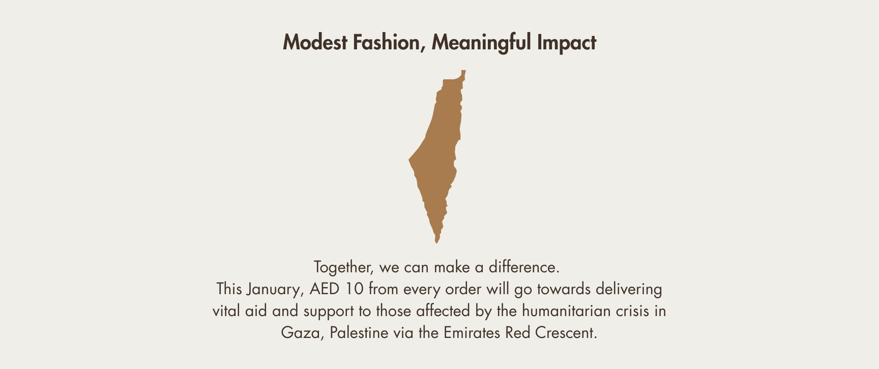 Map of Gaza with text about modest fashion and humanitarian aid by CAS Abaya.