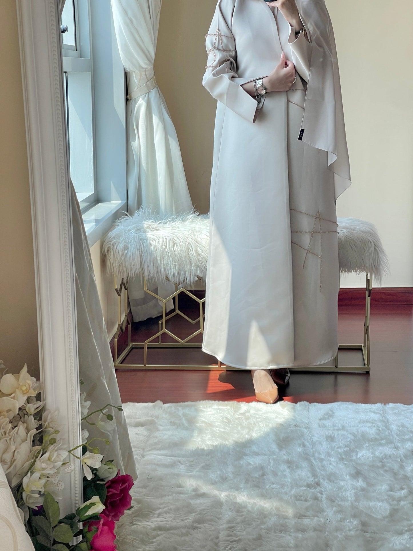 CE - Cream - Satin - Coat - Abaya - Set