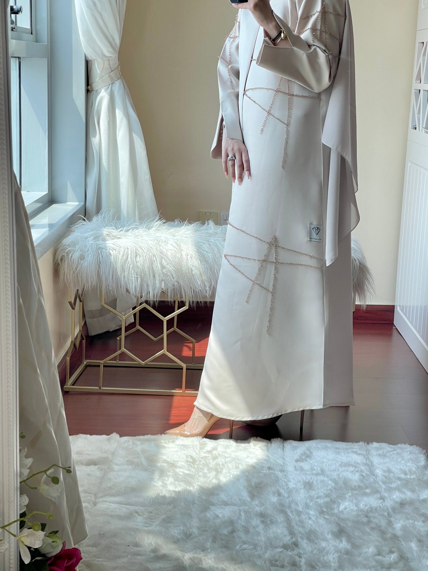 CE - Cream - Satin - Coat - Abaya - Set