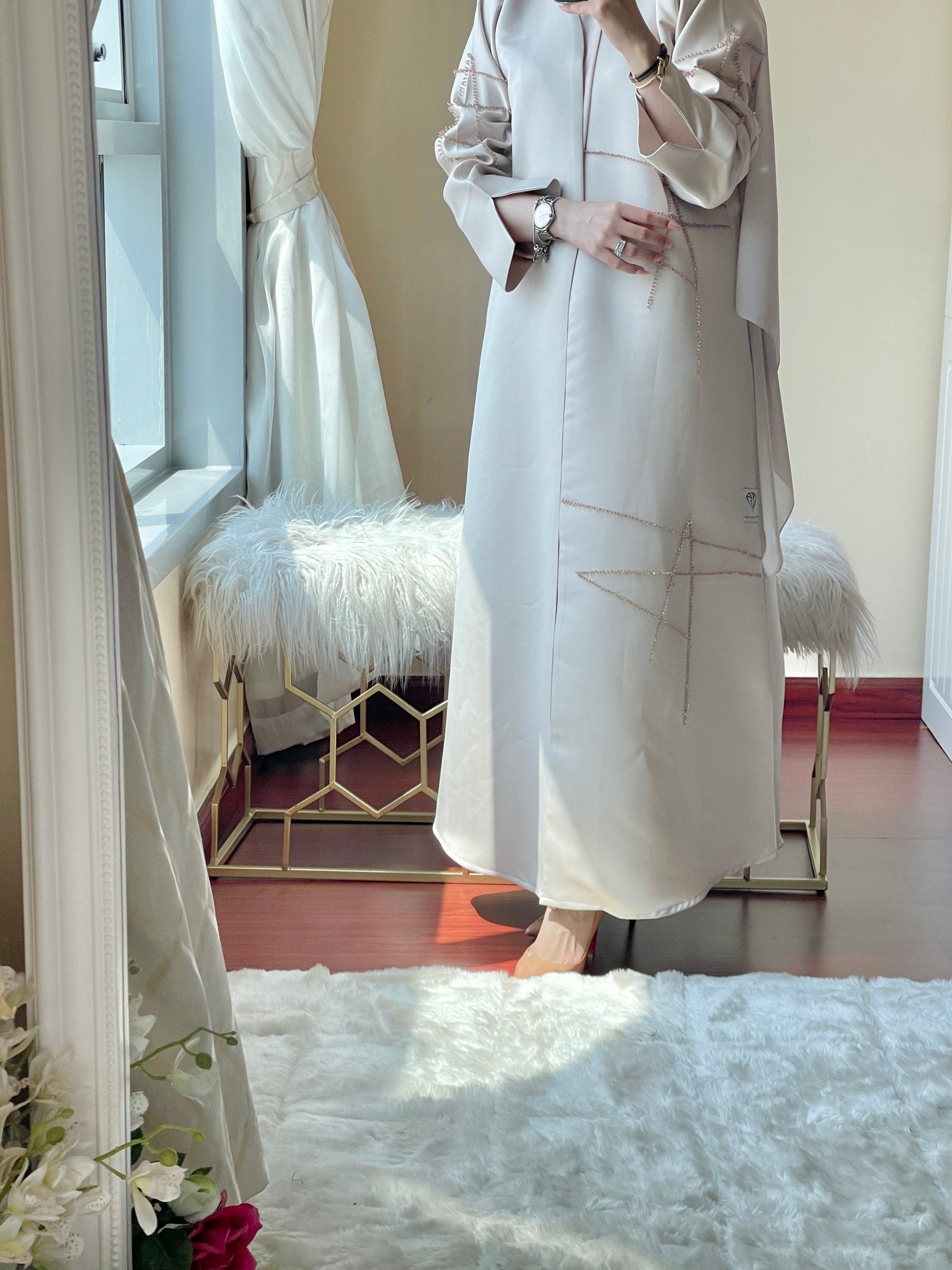 CE - Cream - Satin - Coat - Abaya - Set