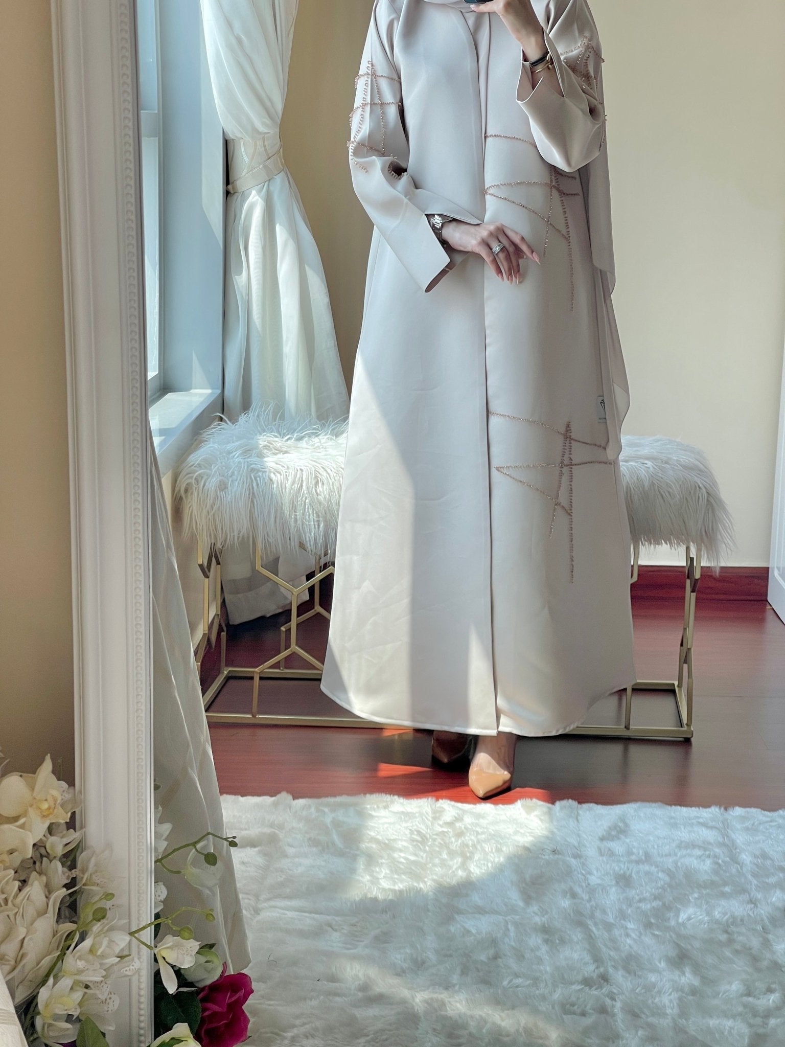 CE - Cream - Satin - Coat - Abaya - Set