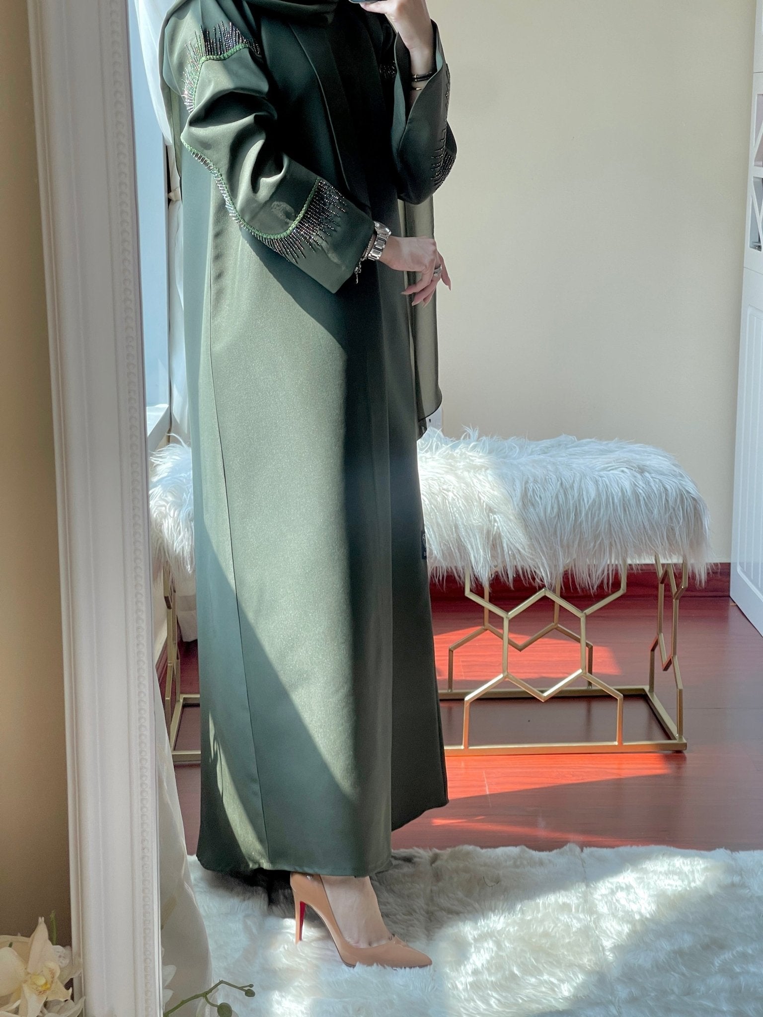 CE - Green - Satin - Coat - Abaya - Set