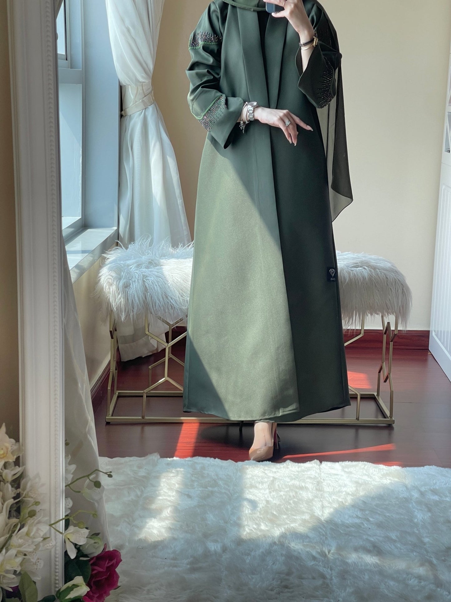 CE - Green - Satin - Coat - Abaya - Set