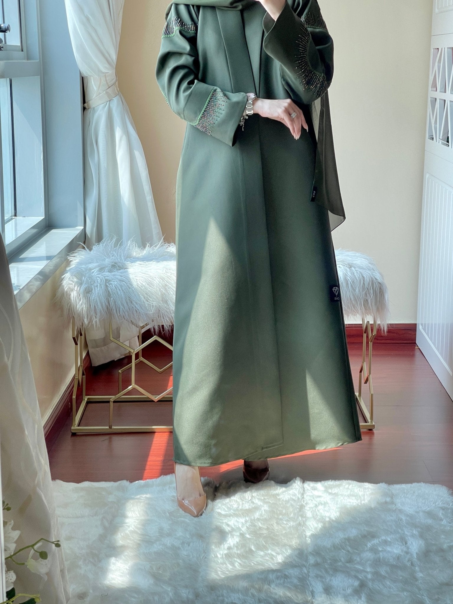 CE - Green - Satin - Coat - Abaya - Set