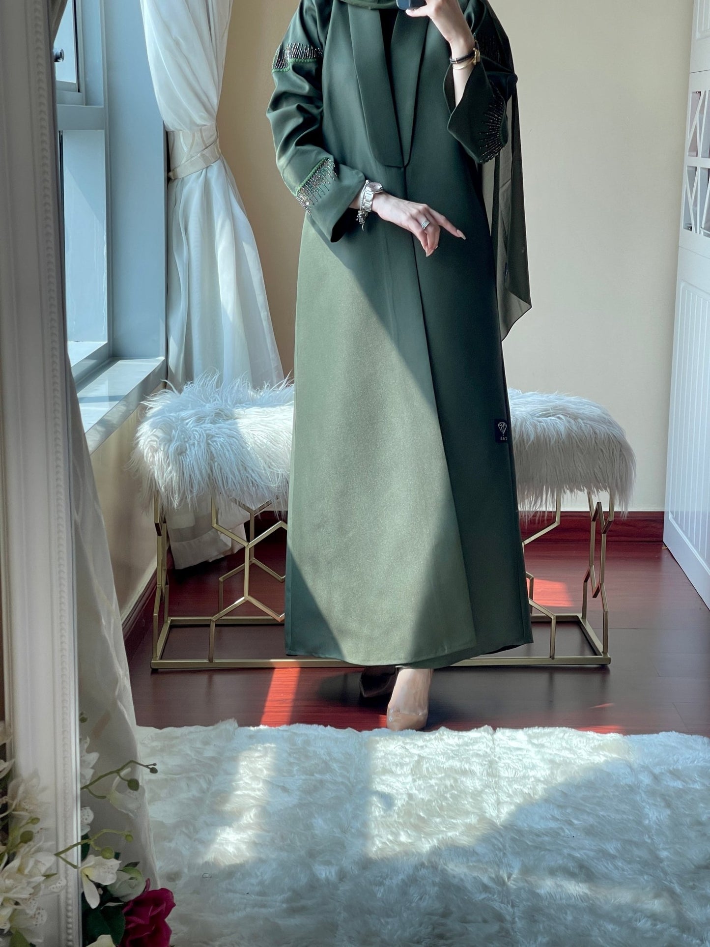 CE - Green - Satin - Coat - Abaya - Set