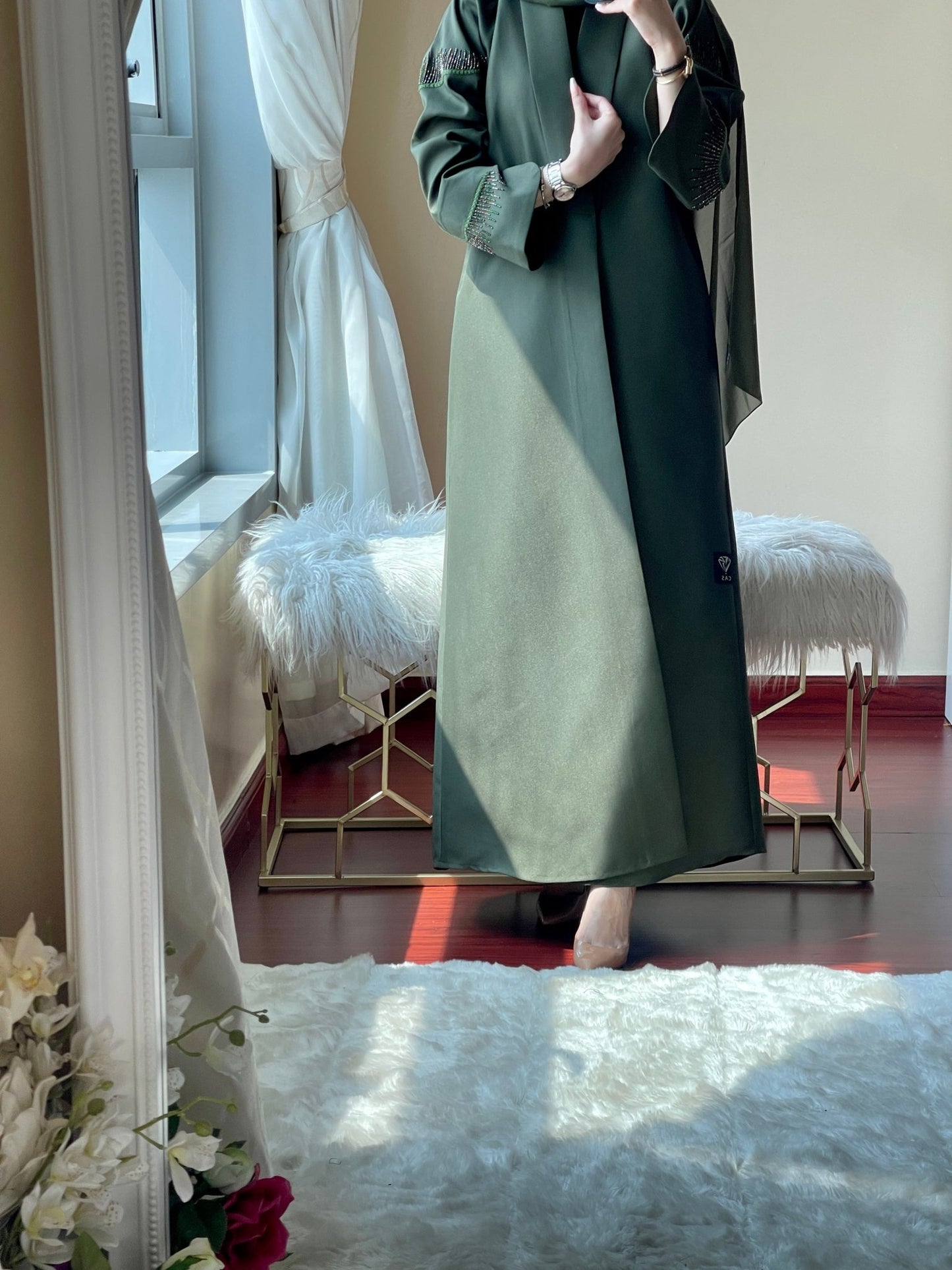 CE - Green - Satin - Coat - Abaya - Set