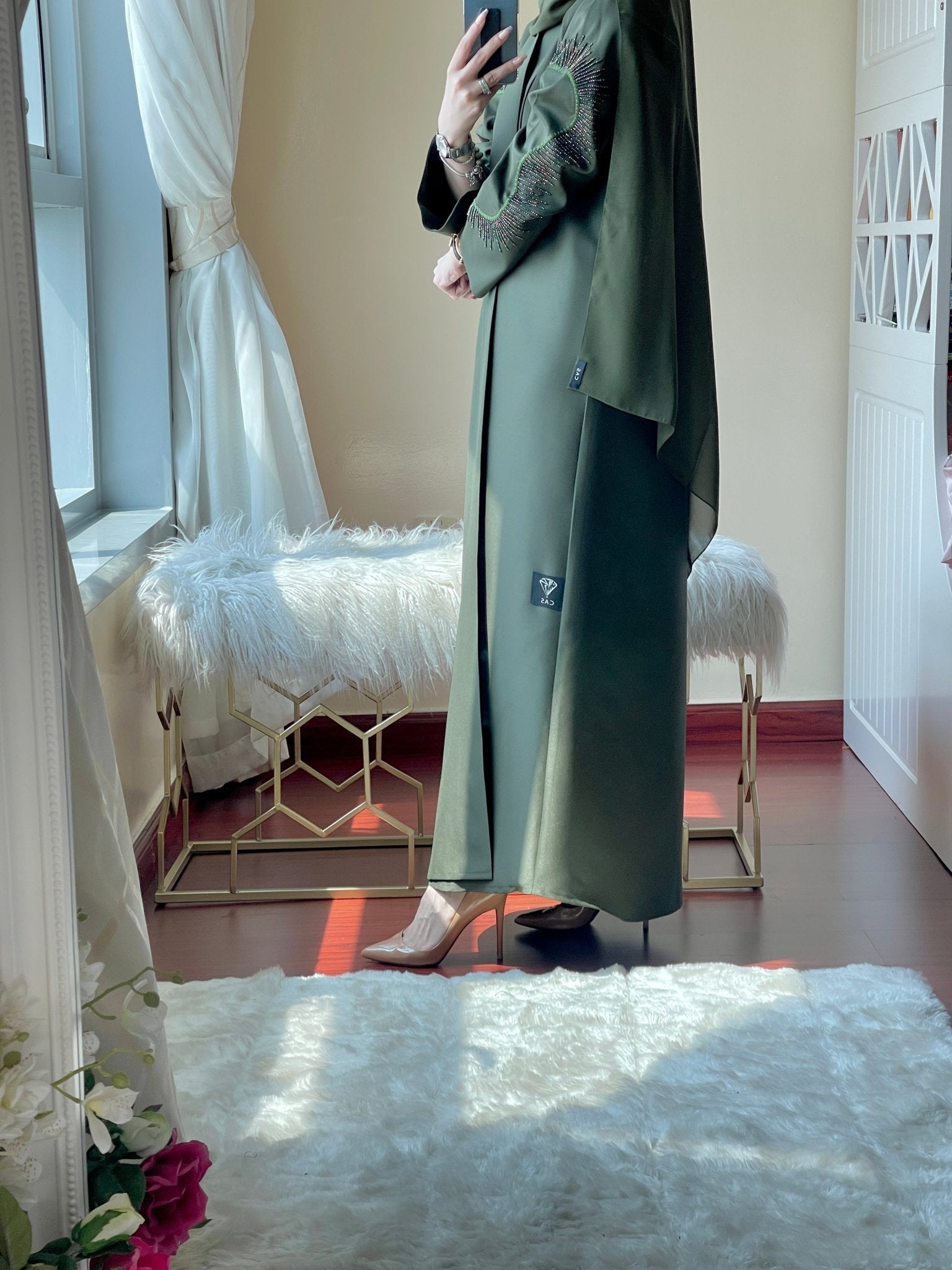 CE - Green - Satin - Coat - Abaya - Set