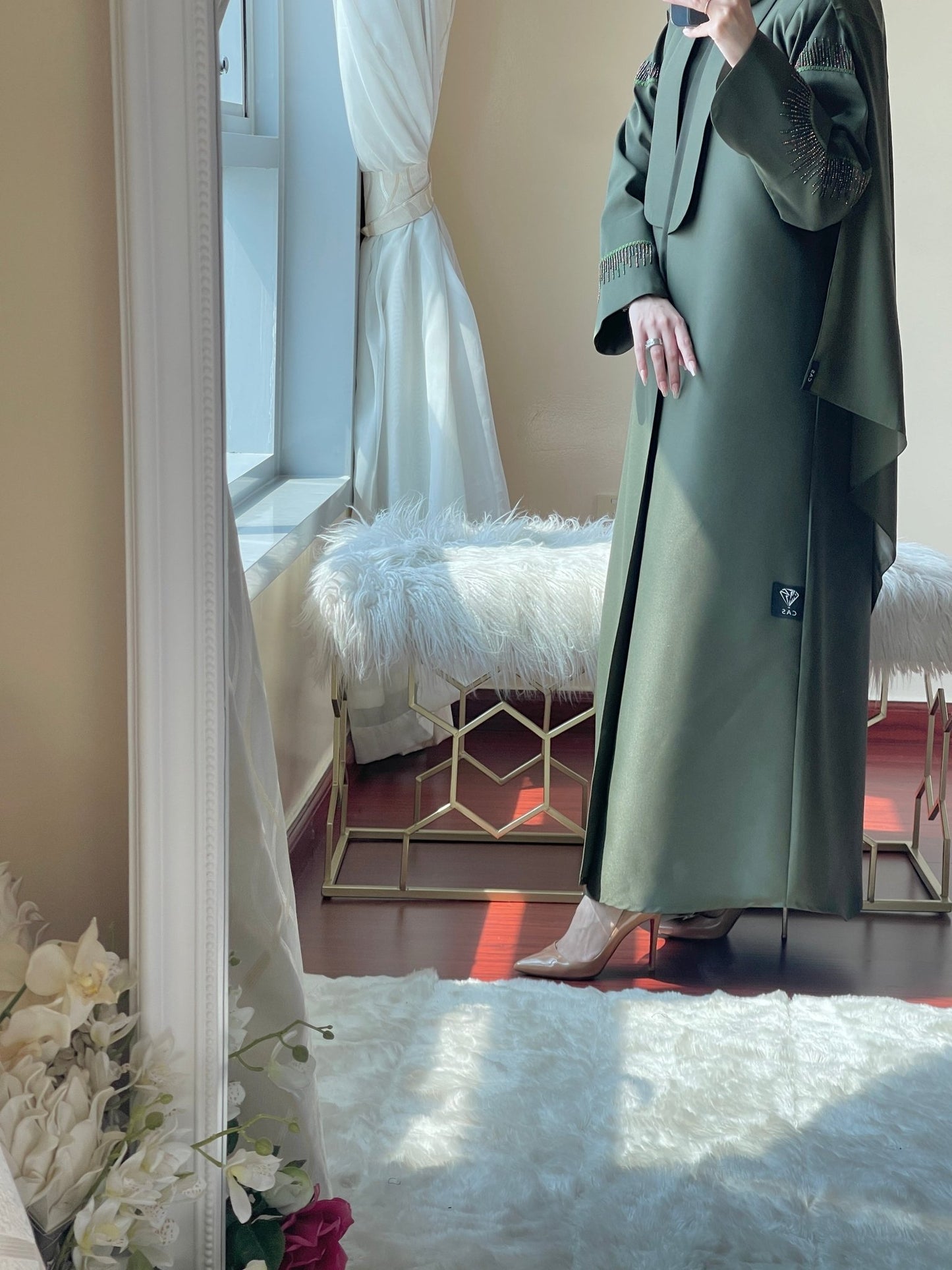 CE - Green - Satin - Coat - Abaya - Set