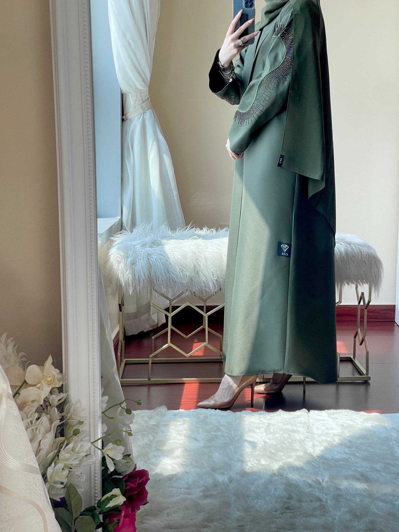 CE - Green - Satin - Coat - Abaya - Set