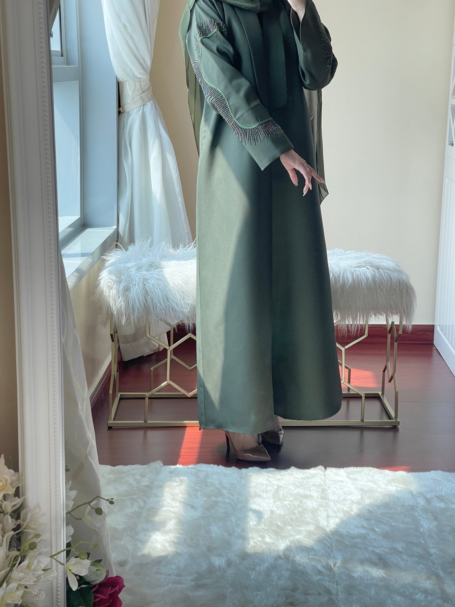 CE - Green - Satin - Coat - Abaya - Set