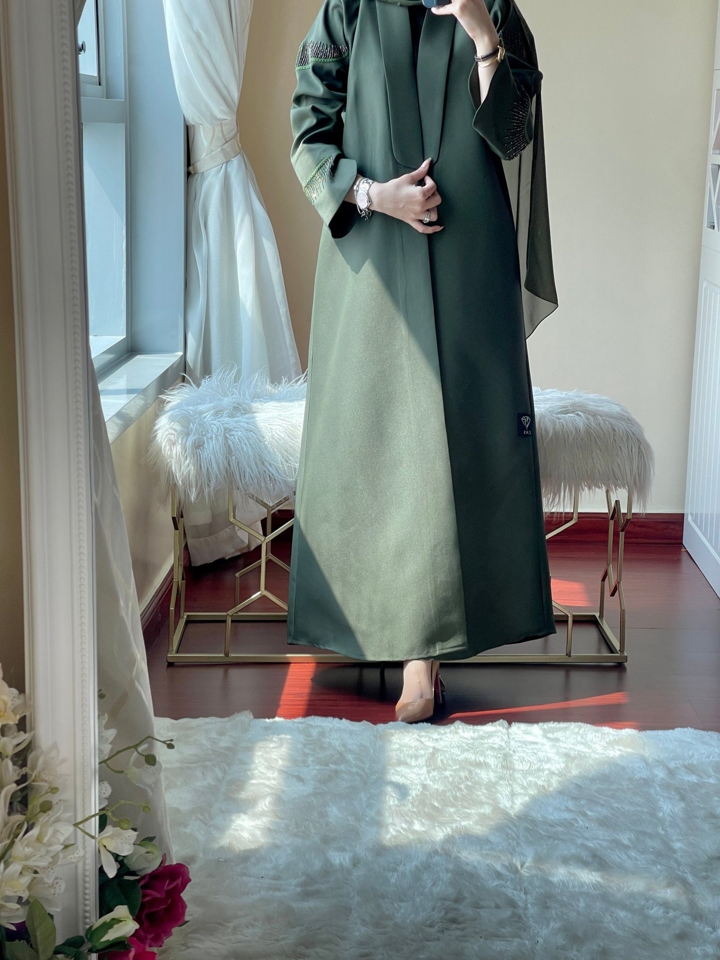 CE - Green - Satin - Coat - Abaya - Set