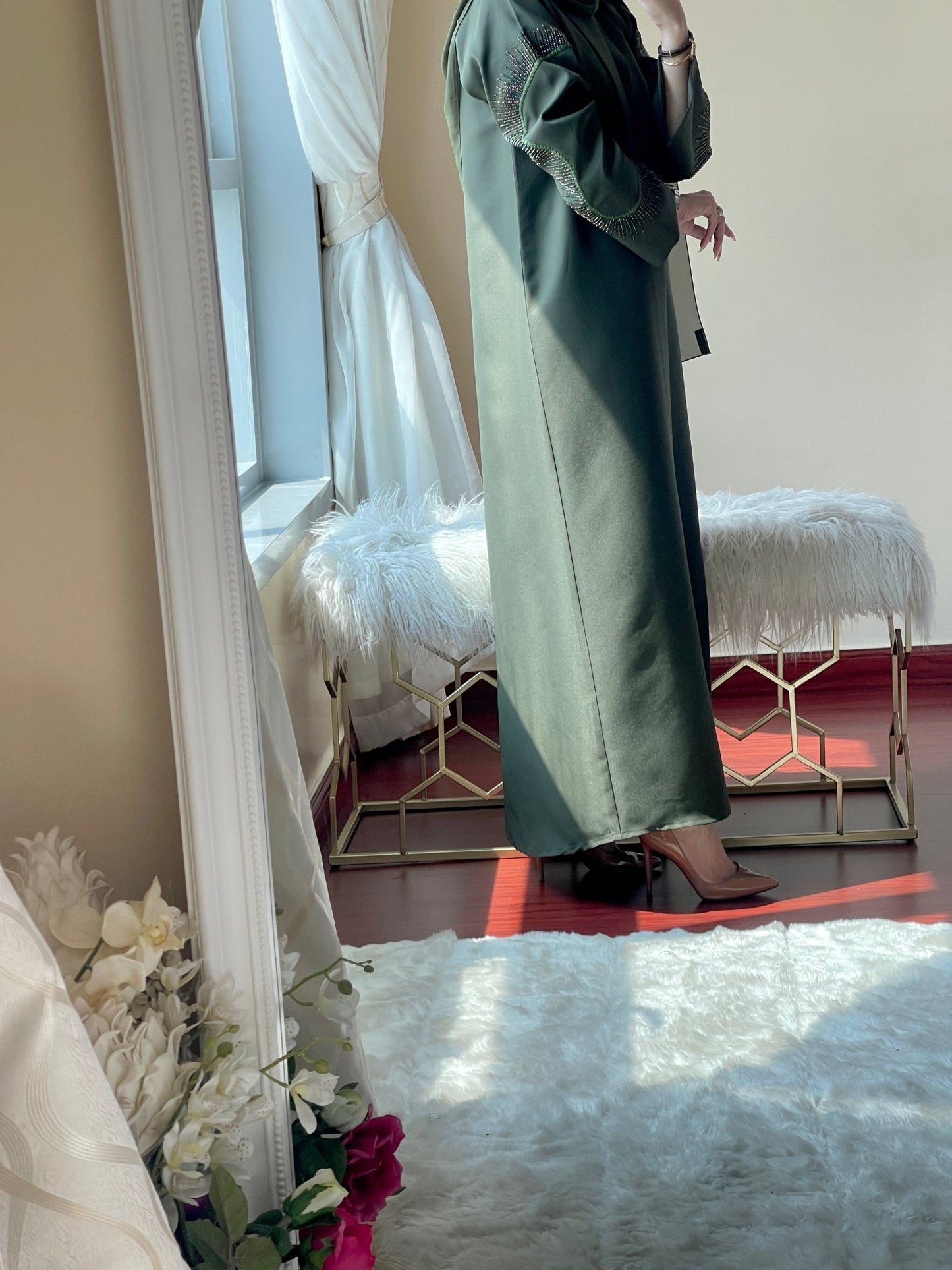 CE - Green - Satin - Coat - Abaya - Set