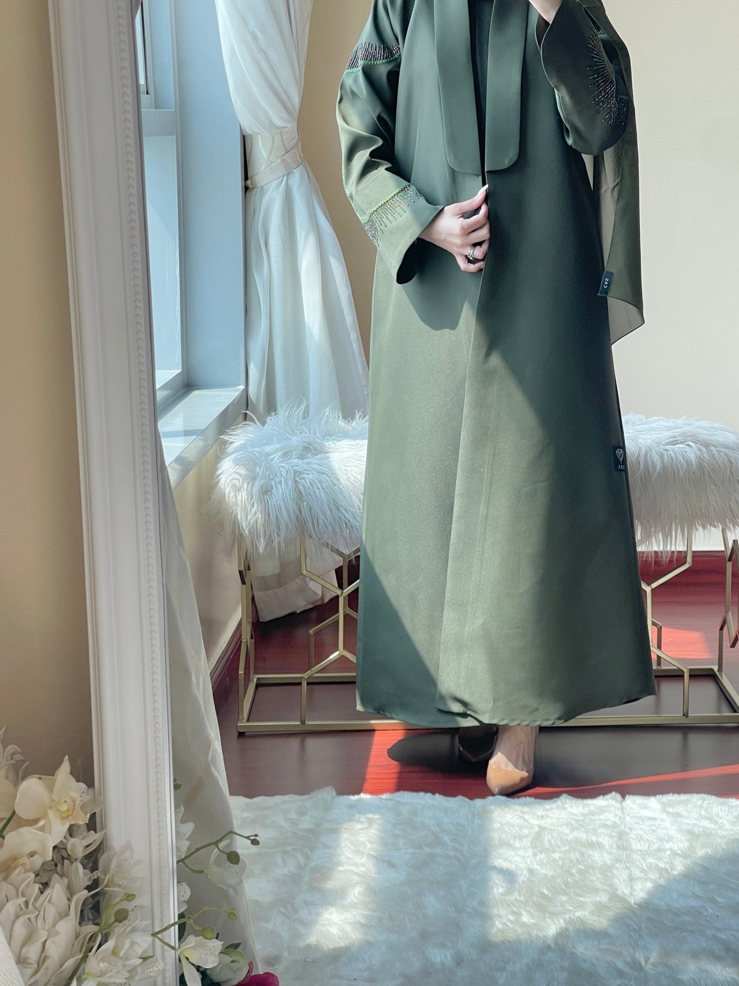 CE - Green - Satin - Coat - Abaya - Set