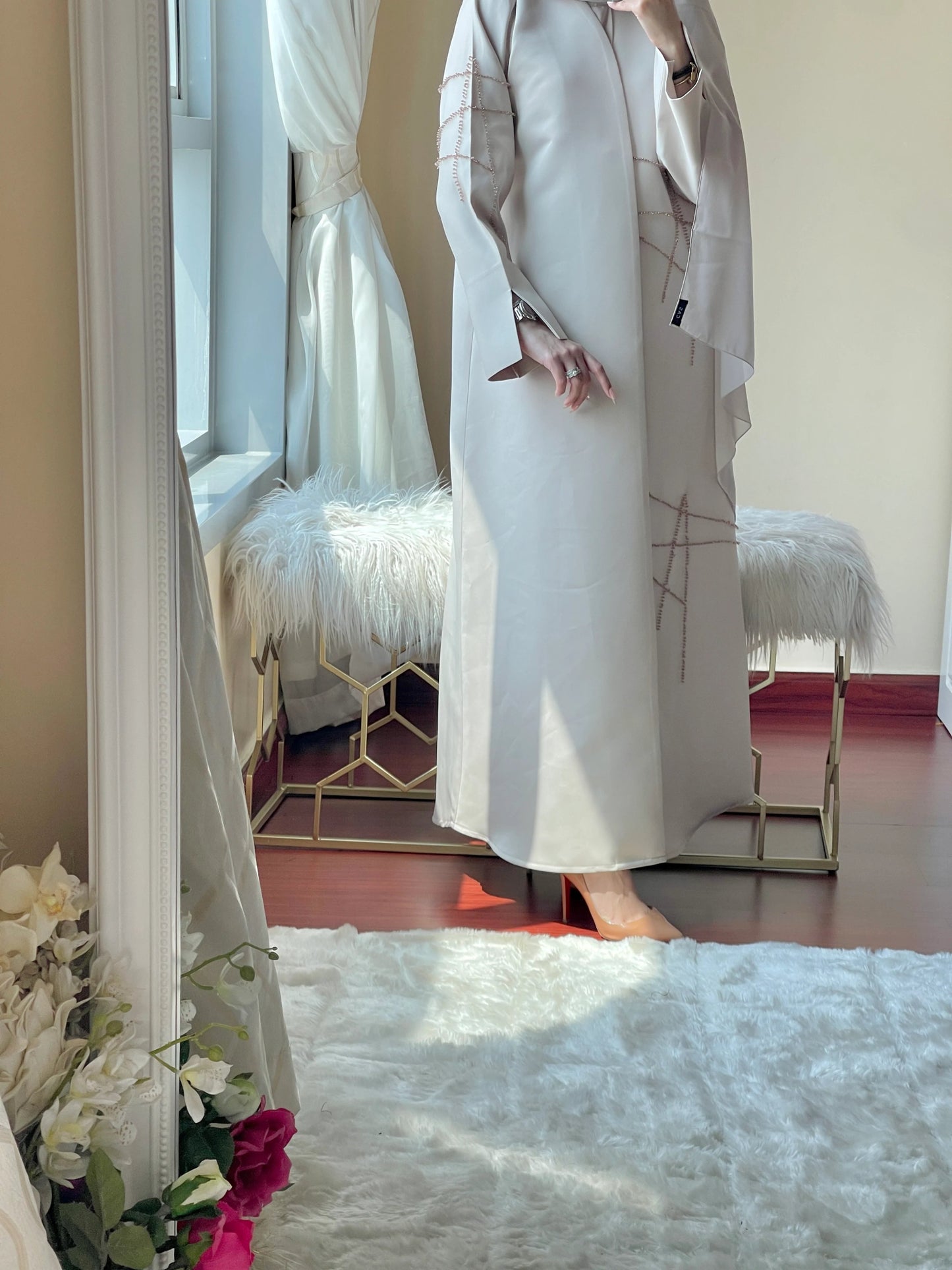 CE - RTW - Cream - Satin - Coat - Abaya - Set