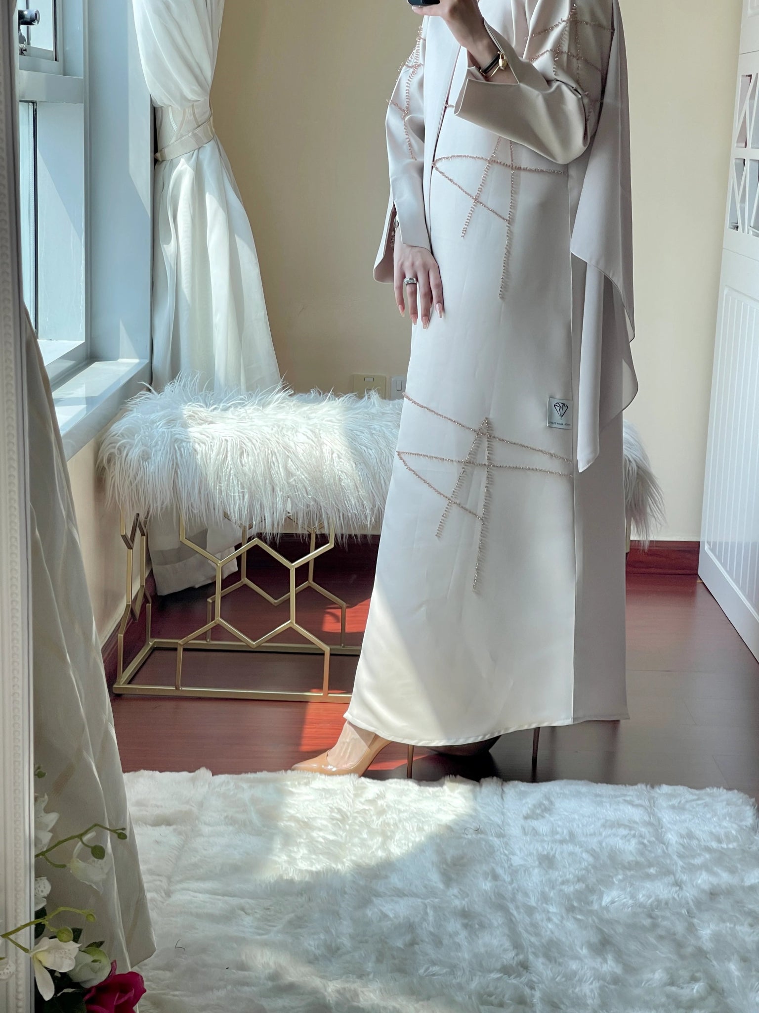 CE - RTW - Cream - Satin - Coat - Abaya - Set