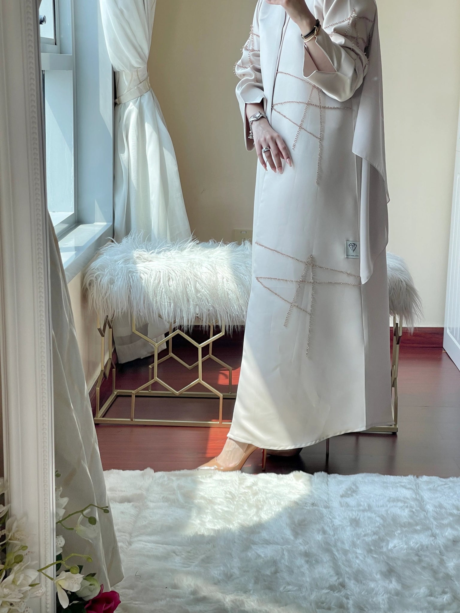 CE - RTW - Cream - Satin - Coat - Abaya - Set