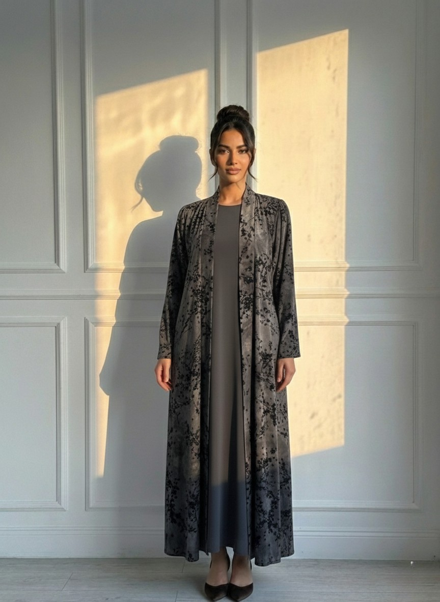 عباية مخملية رمادية مزهرة C 1691