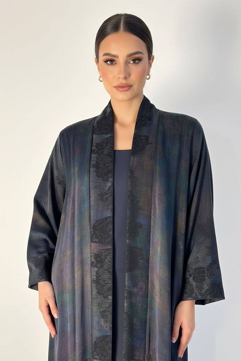 dark-cupro-jacquard-abaya-waist-up-hero-shot.png