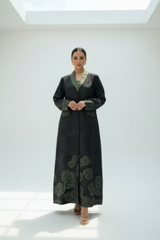 Full body shot with sage green inner dress at neckline