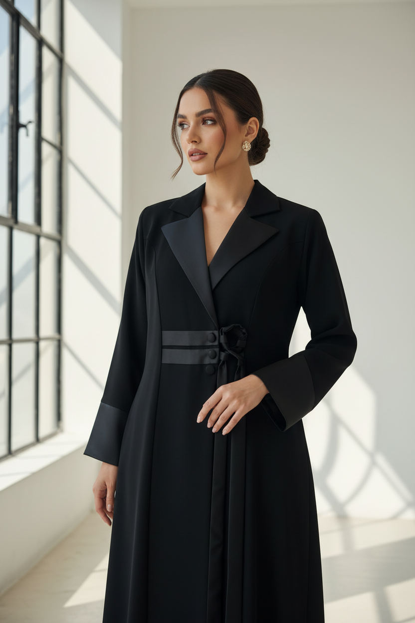 Waist-up closeup of model in black coat-style abaya