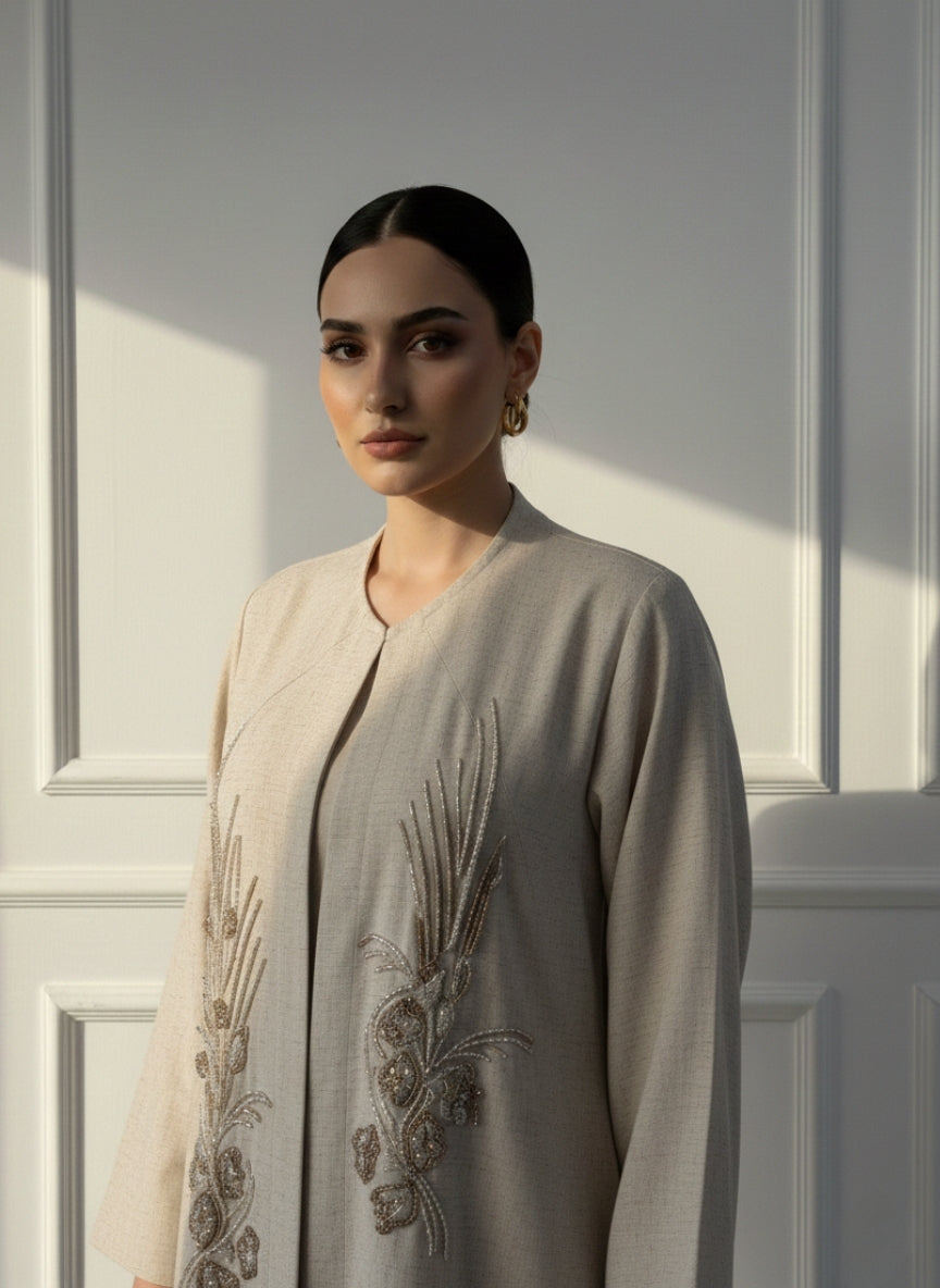 C 1844 Beige Beaded Abaya